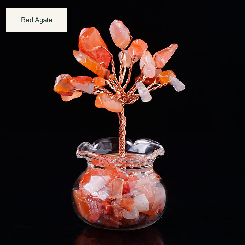 Original glass-jar stone tree photograph with equivalent English caption and size references; genuine charm inscriptions and product colors retained