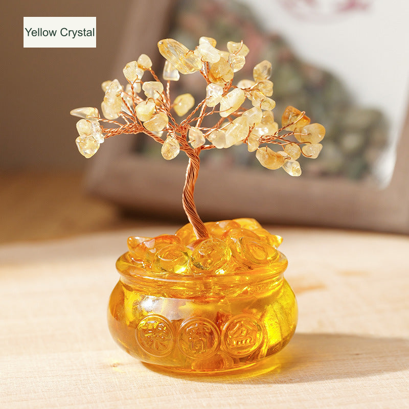 Original golden bowl tree photograph with only existing Chinese label or approximate sizes translated; canopy, bead count, base color and real prosperity motifs unchanged.