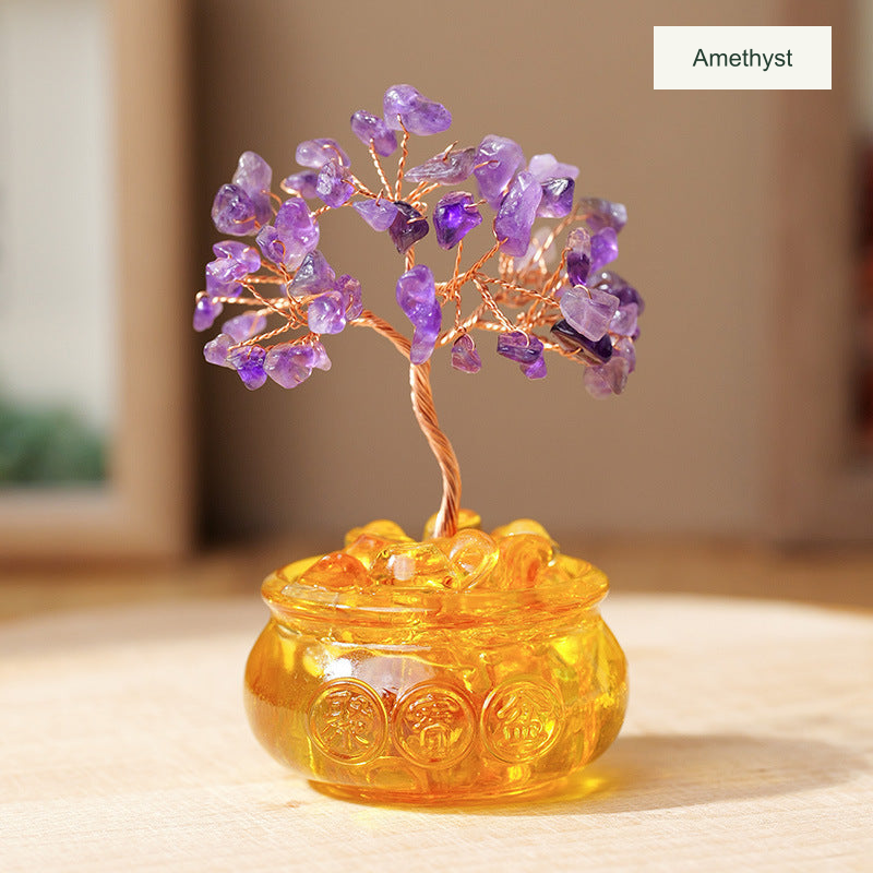 Original golden bowl tree photograph with only existing Chinese label or approximate sizes translated; canopy, bead count, base color and real prosperity motifs unchanged.
