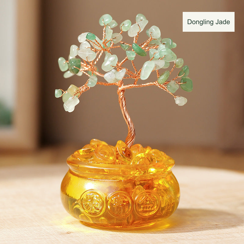 Original golden bowl tree photograph with only existing Chinese label or approximate sizes translated; canopy, bead count, base color and real prosperity motifs unchanged.