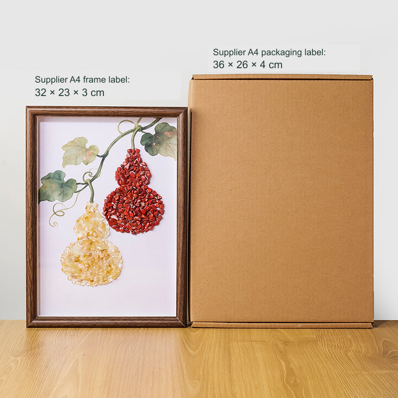 Gourd stone-chip framed artwork, original object and printed Chinese blessing preserved, English source dimensions