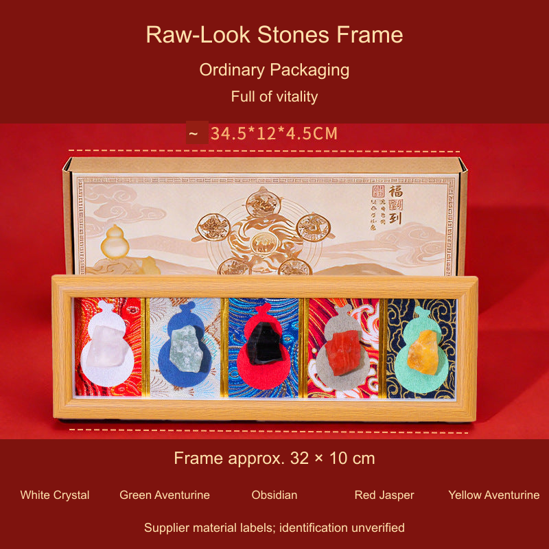 Raw-Look Stones frame; ordinary packaging, original product photo with translated captions
