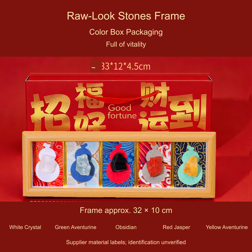 Raw-Look Stones frame; color-box packaging, original product photo with translated captions