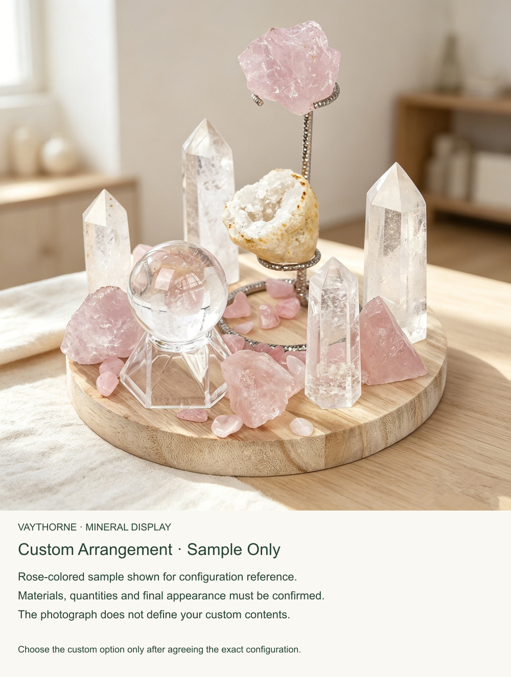Custom configuration sample only, original rose-colored arrangement photograph; final contents must be confirmed.