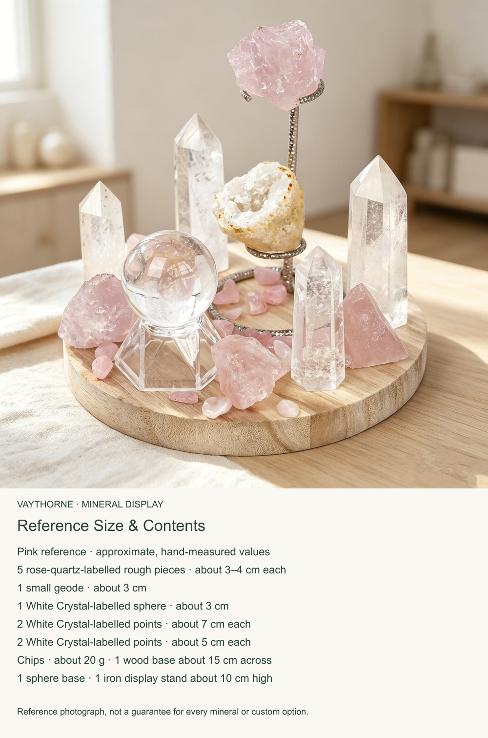 English supplier reference guide for mineral display arrangement; approximate dimensions, weights or optional symbolism.