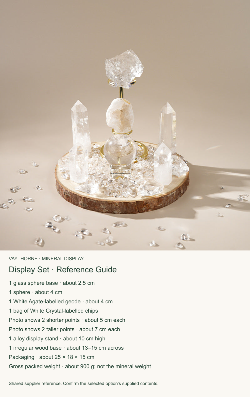 English supplier reference guide for mineral display arrangement; approximate dimensions, weights or optional symbolism.