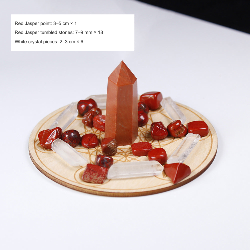 Original grid-set photograph with equivalent English material, size and count labels; stones and wood board unchanged