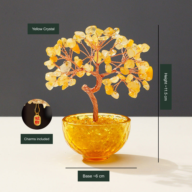 Original 81-chip tree photo; Yellow Crystal label, dimensions and included charm translated into English without changing the object.