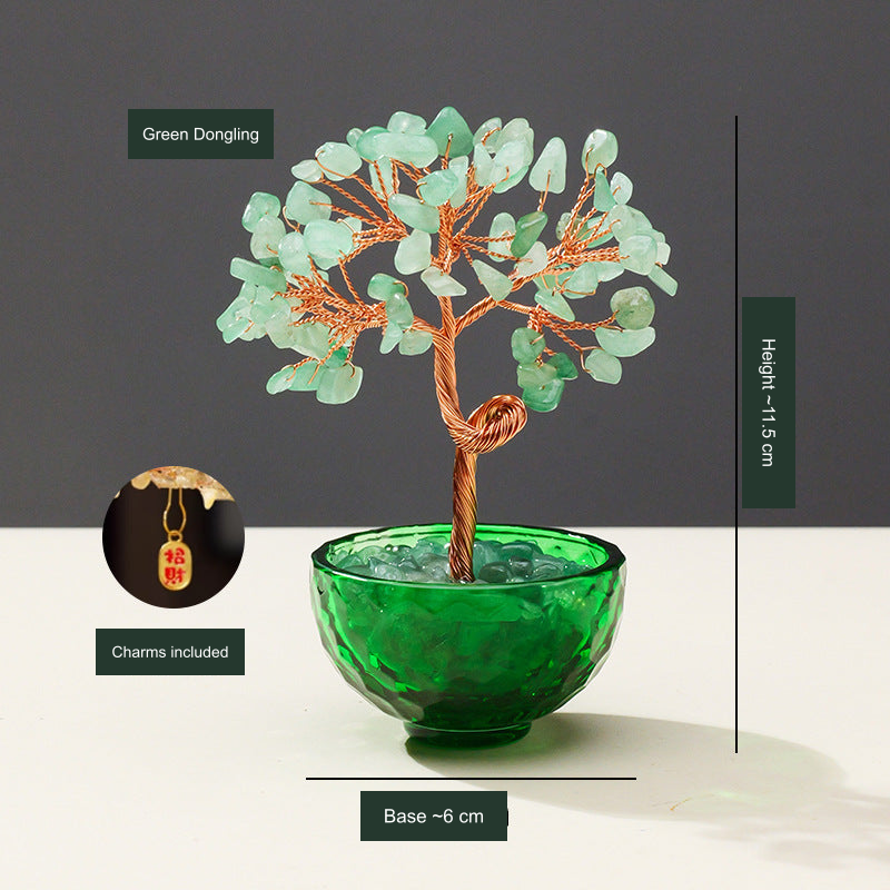 Original 81-chip tree photo; Green Dongling label, dimensions and included charm translated into English without changing the object.