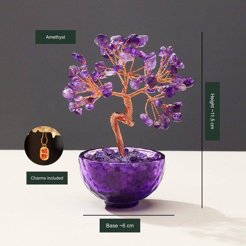 Original 81-chip tree photo; Amethyst label, dimensions and included charm translated into English without changing the object.