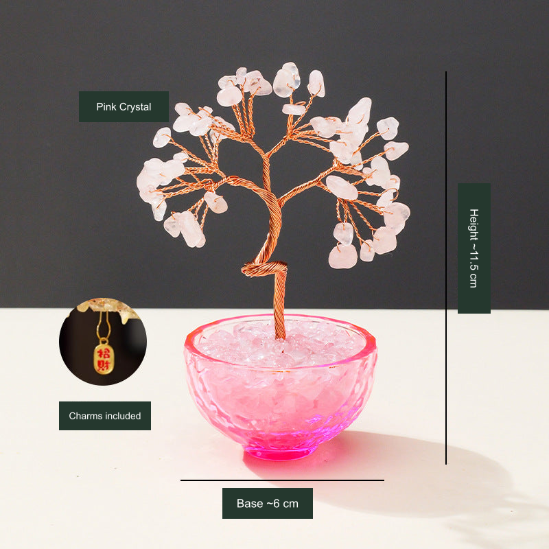 Original 54-chip tree photo; Pink Crystal label, dimensions and included charm translated into English without changing the object.