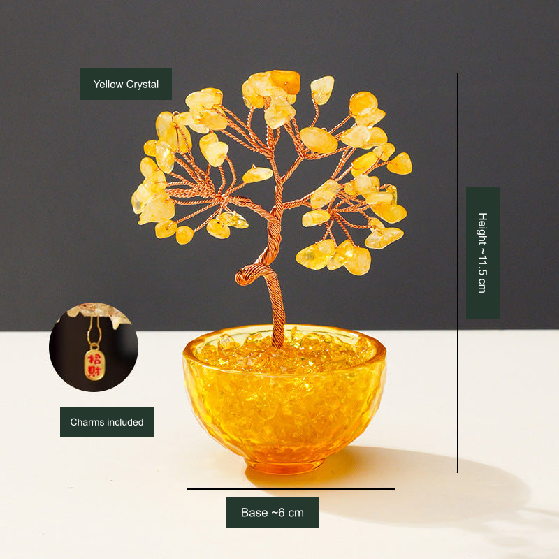 Original 54-chip tree photo; Yellow Crystal label, dimensions and included charm translated into English without changing the object.