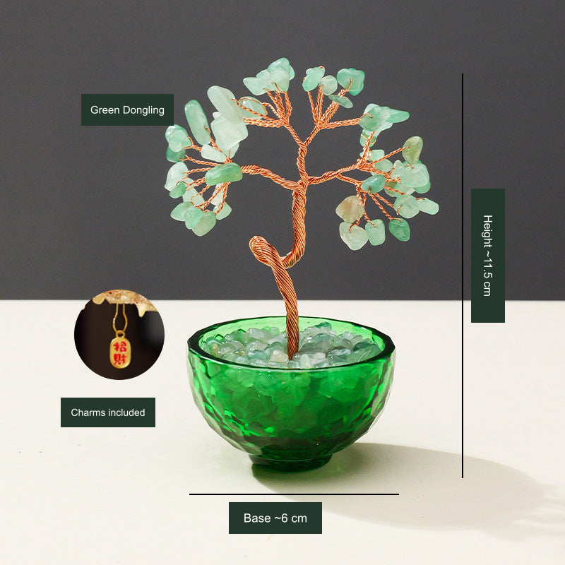 Original 54-chip tree photo; Green Dongling label, dimensions and included charm translated into English without changing the object.