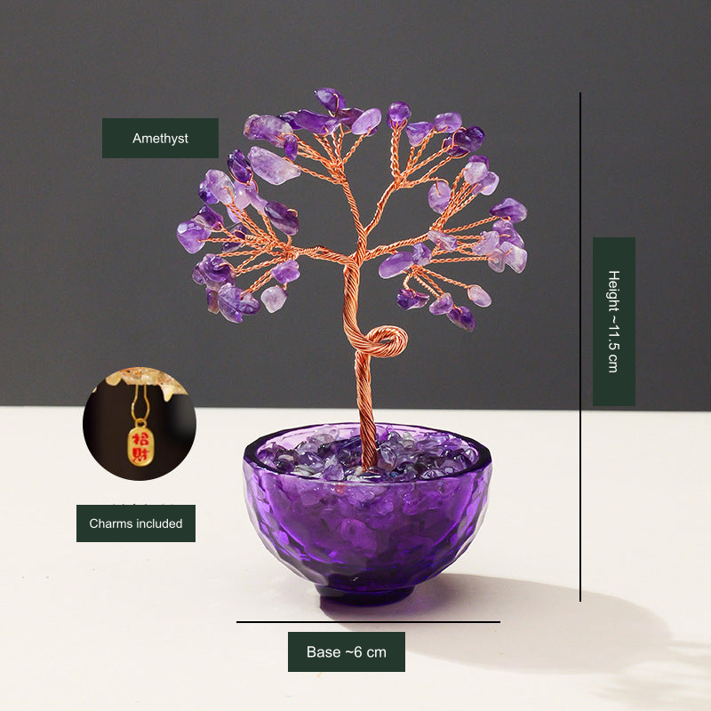 Original 54-chip tree photo; Amethyst label, dimensions and included charm translated into English without changing the object.