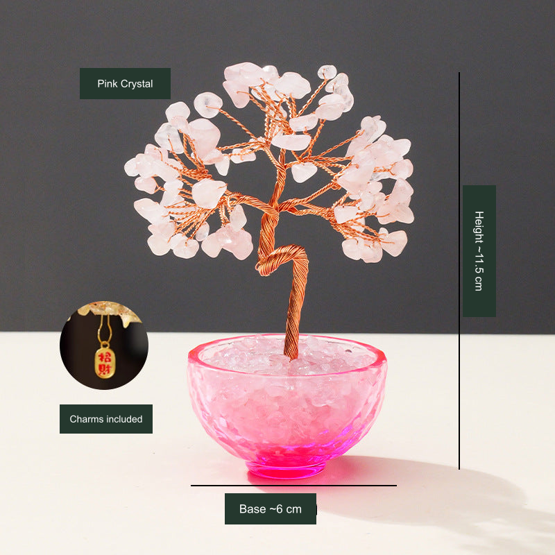 Original 81-chip tree photo; Pink Crystal label, dimensions and included charm translated into English without changing the object.