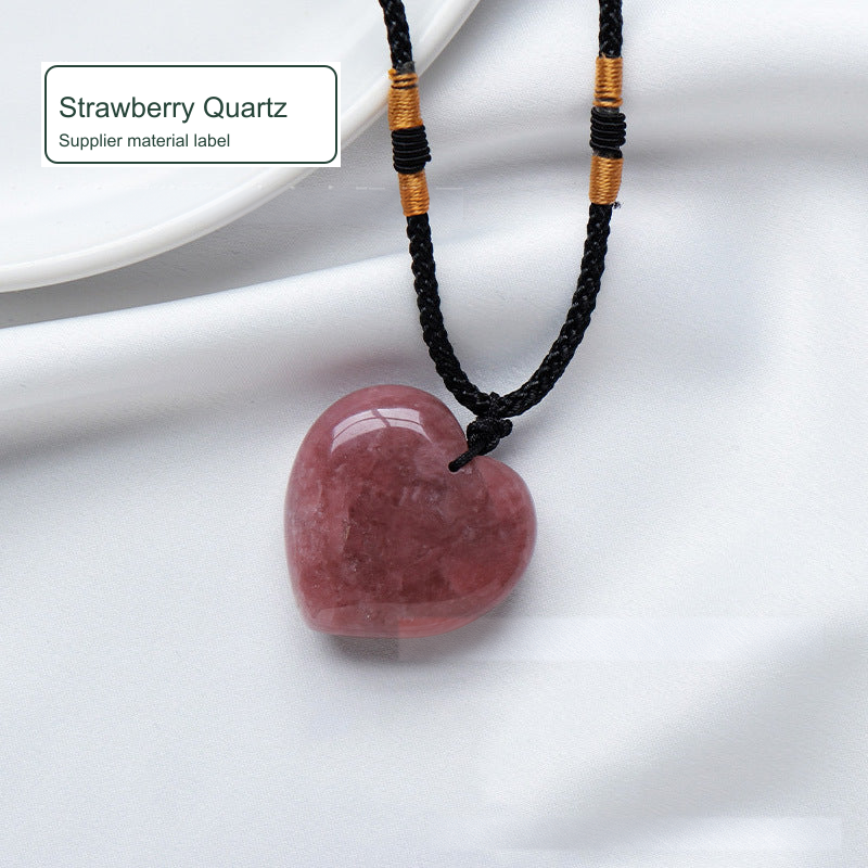 Strawberry quartz heart cord pendant; English photo labels and localized watermark cleanup