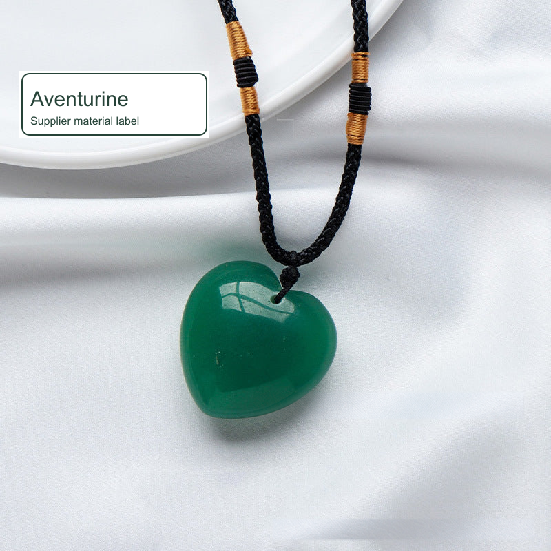 Aventurine heart cord pendant; English photo labels and localized watermark cleanup