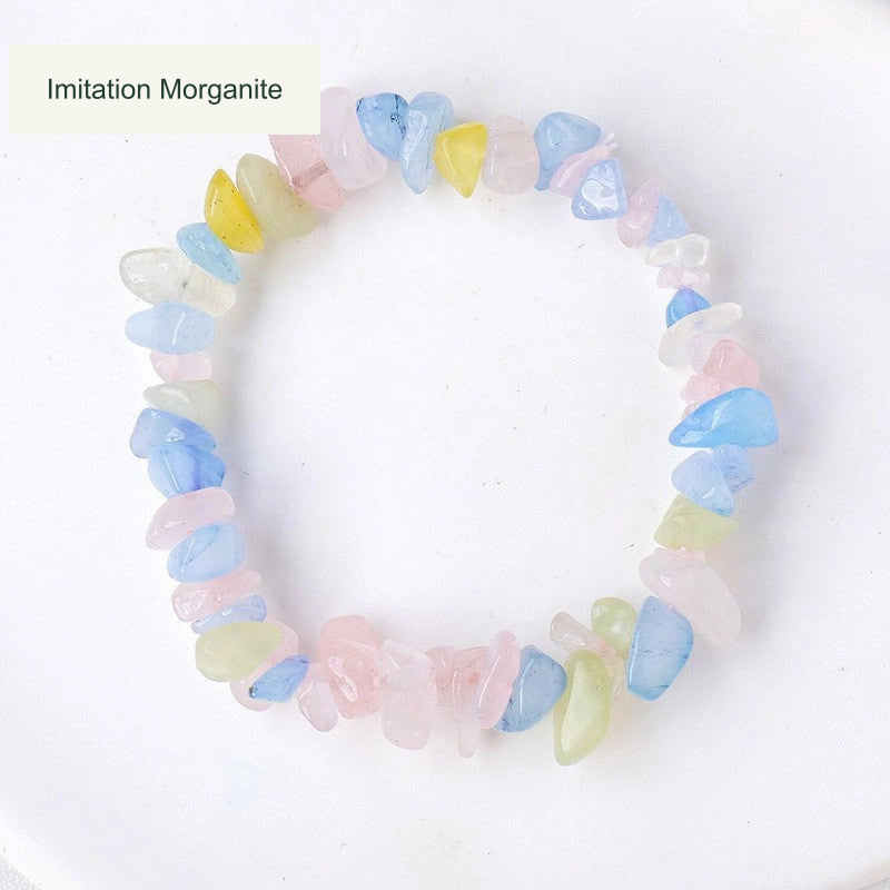 Original Imitation Morganite SKU photo with the same English material label and only residual Chinese text above the label covered; all pastel chips, string and colors unchanged.