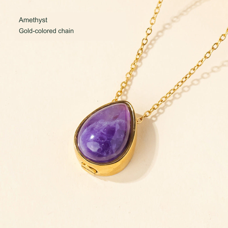 Stone teardrop keepsake pendant — original selected SKU photograph with English material and chain-color label