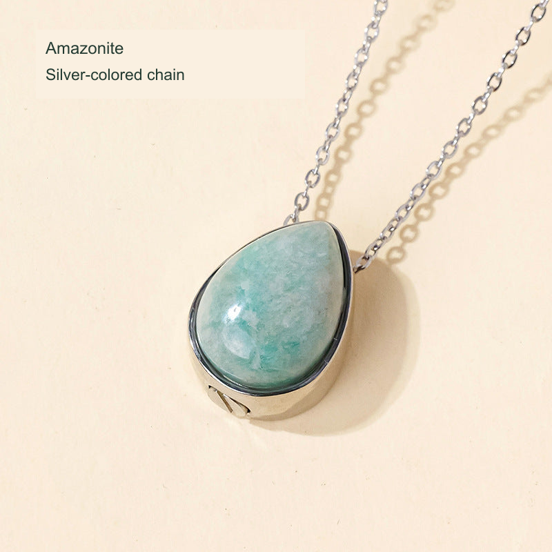 Stone teardrop keepsake pendant — original selected SKU photograph with English material and chain-color label