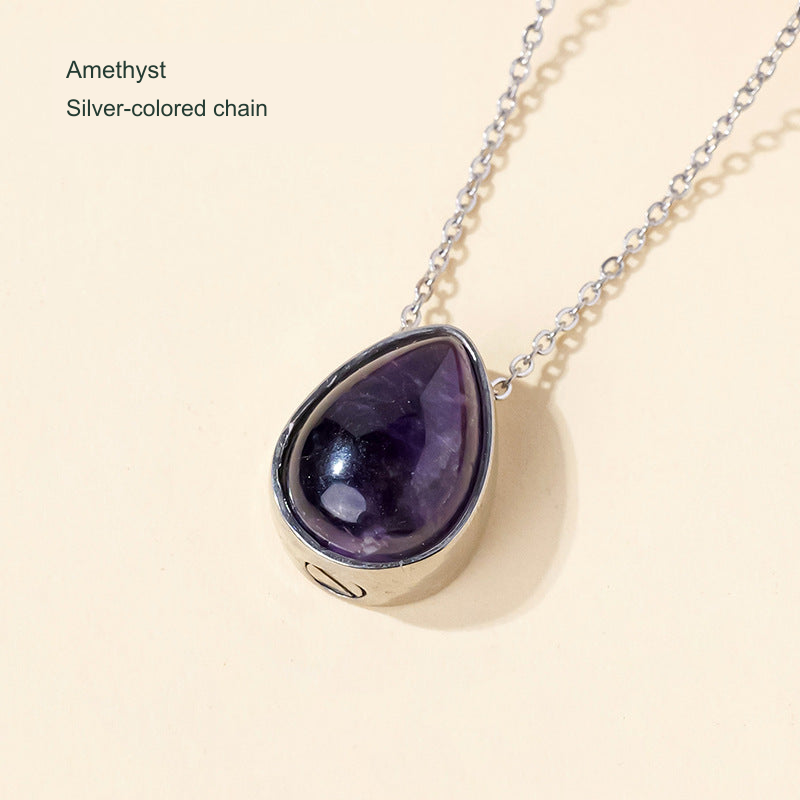 Stone teardrop keepsake pendant — original selected SKU photograph with English material and chain-color label