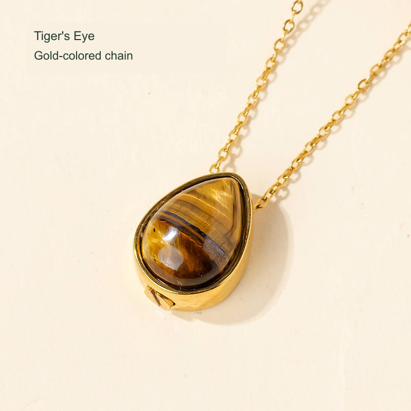 Stone teardrop keepsake pendant — original selected SKU photograph with English material and chain-color label