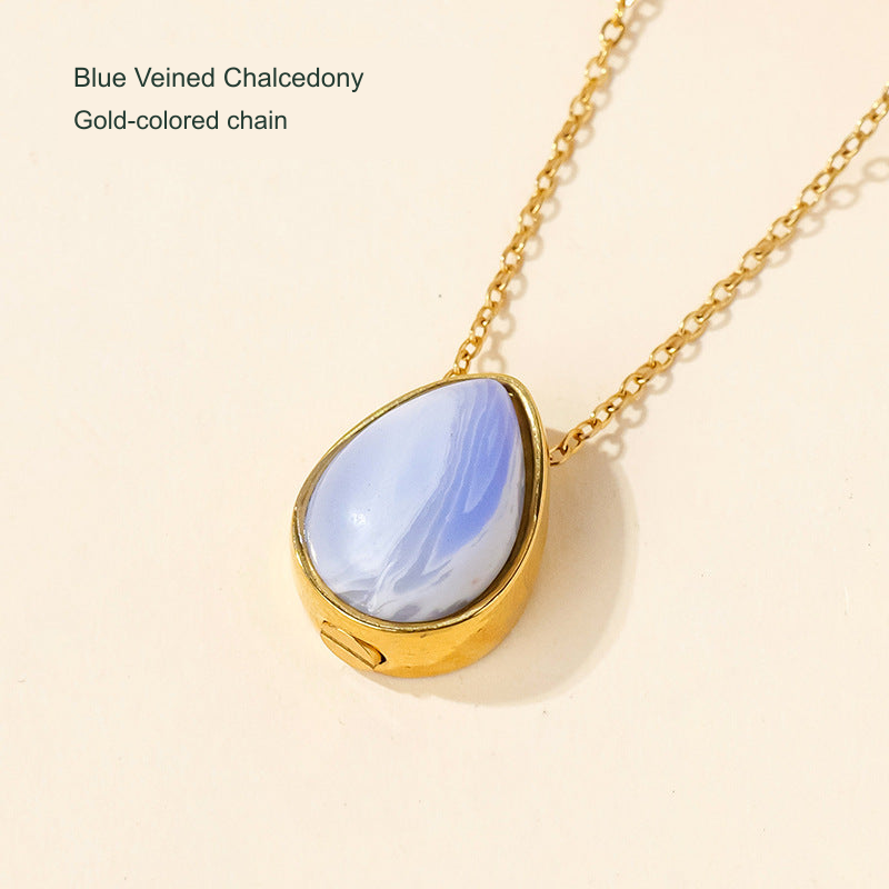 Stone teardrop keepsake pendant — original selected SKU photograph with English material and chain-color label