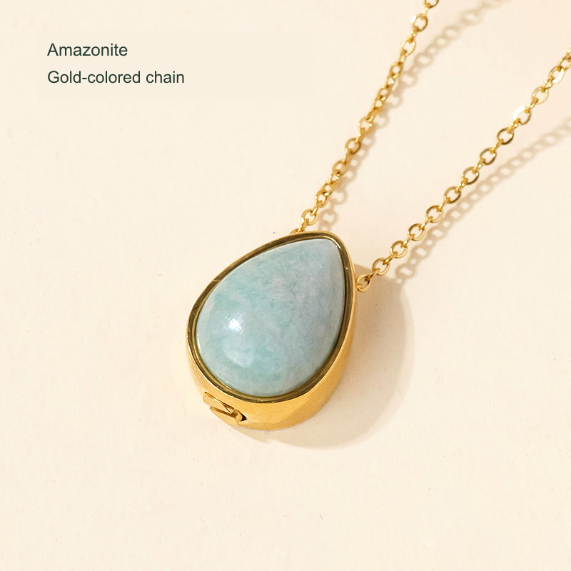 Stone teardrop keepsake pendant — original selected SKU photograph with English material and chain-color label