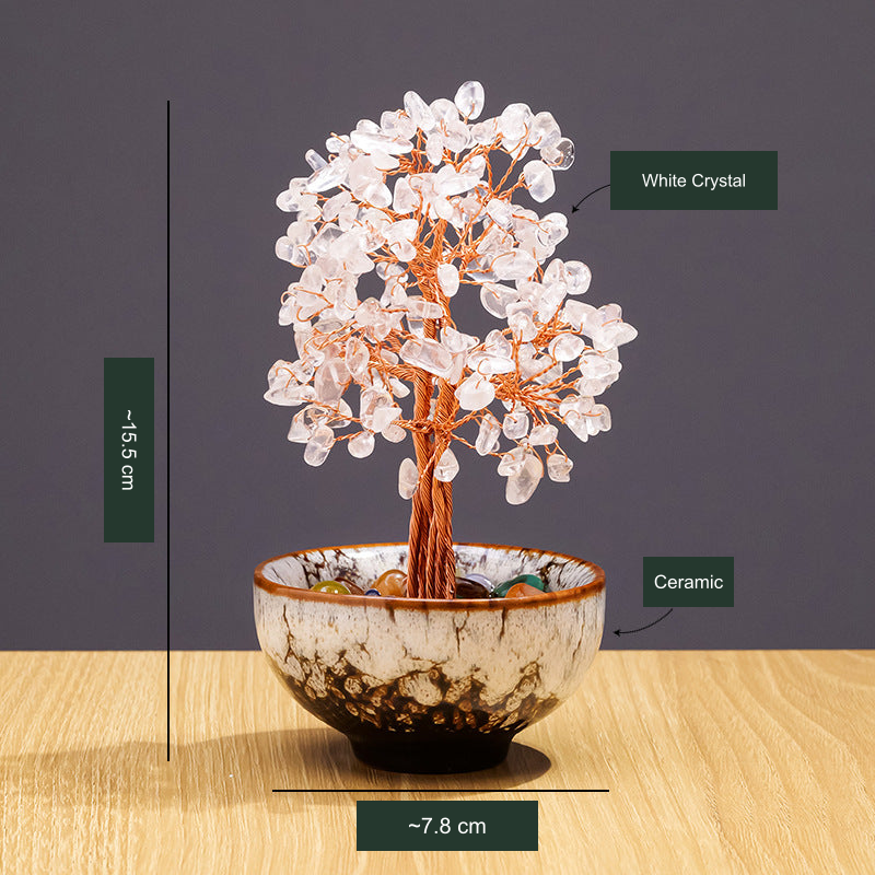 Original selected kiln-glazed ceramic tree SKU photograph; existing Chinese material and approximate dimensions translated with the actual stones, cup color, shape and counts unchanged.