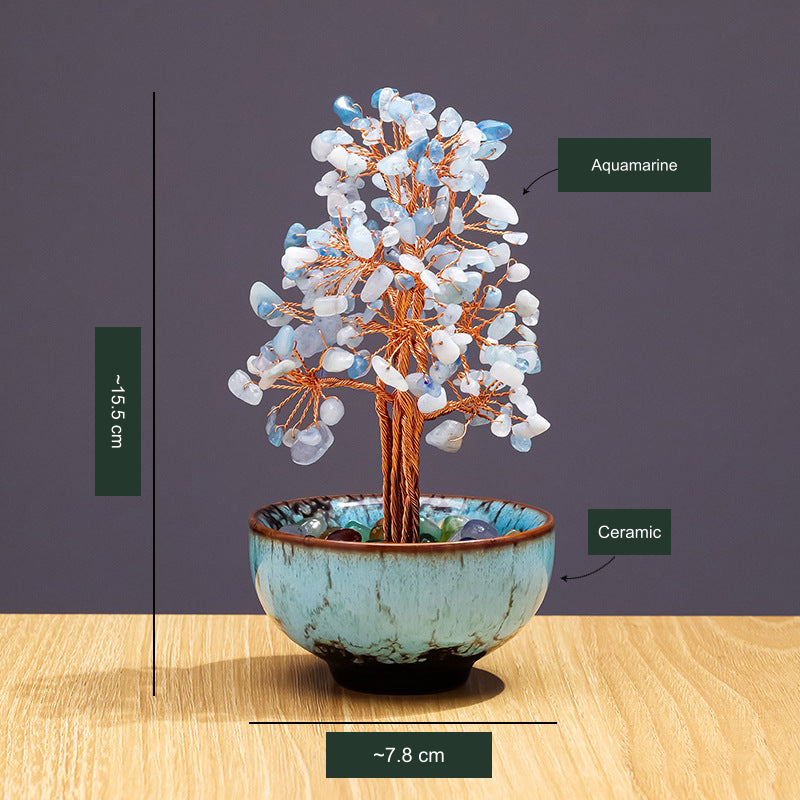 Original selected kiln-glazed ceramic tree SKU photograph; existing Chinese material and approximate dimensions translated with the actual stones, cup color, shape and counts unchanged.