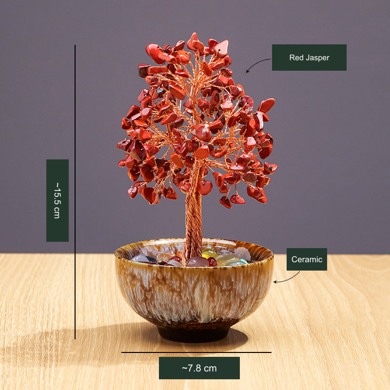 Original selected kiln-glazed ceramic tree SKU photograph; existing Chinese material and approximate dimensions translated with the actual stones, cup color, shape and counts unchanged.