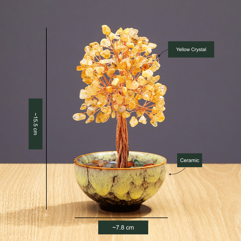 Original selected kiln-glazed ceramic tree SKU photograph; existing Chinese material and approximate dimensions translated with the actual stones, cup color, shape and counts unchanged.