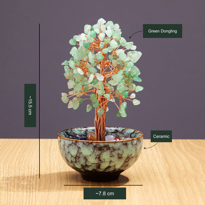 Original selected kiln-glazed ceramic tree SKU photograph; existing Chinese material and approximate dimensions translated with the actual stones, cup color, shape and counts unchanged.