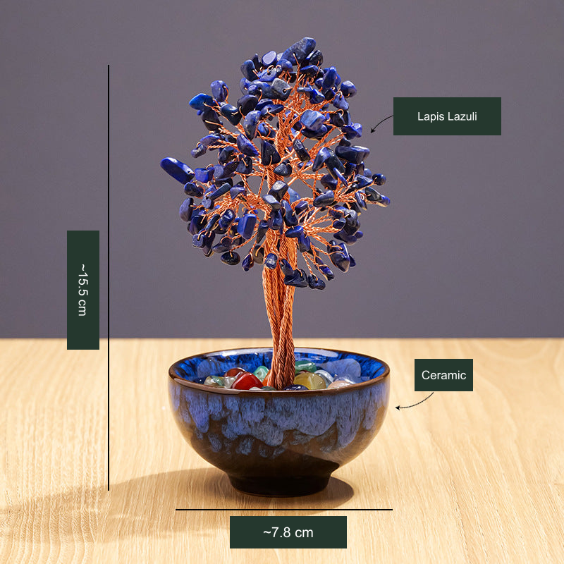 Original selected kiln-glazed ceramic tree SKU photograph; existing Chinese material and approximate dimensions translated with the actual stones, cup color, shape and counts unchanged.