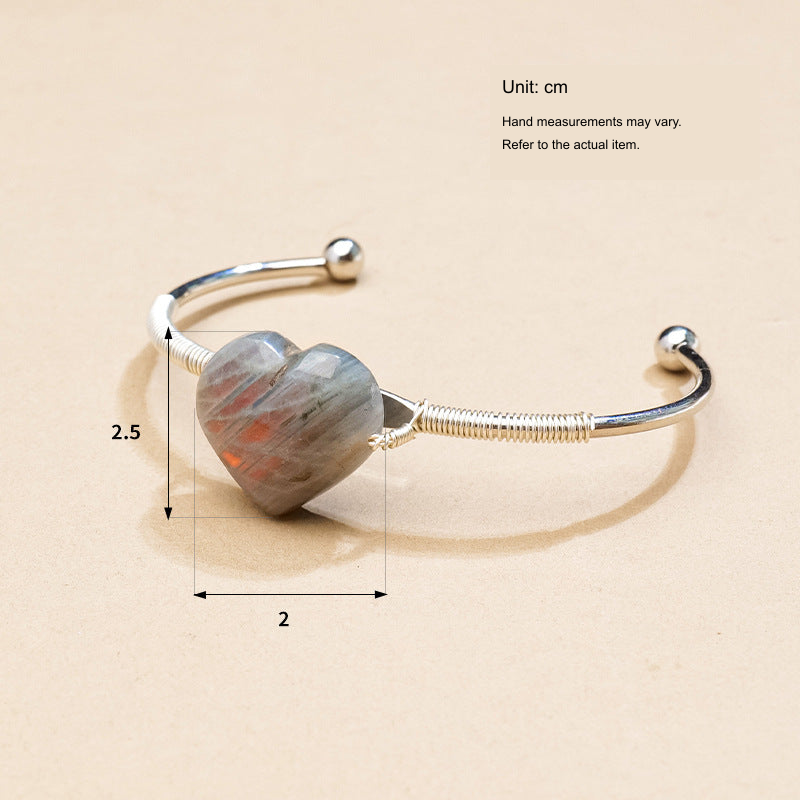 Original selected Labradorite cuff photograph with equivalent English dimension references; actual bracelet and stone unchanged