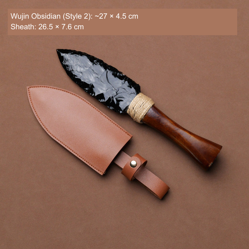 Original photographed collectible option 25 — equivalent English caption: Wujin Obsidian (Style 2): ~27 × 4.5 cm; Sheath: 26.5 × 7.6 cm