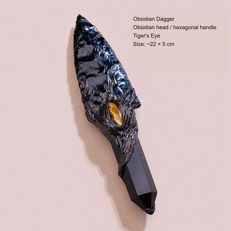 Original photographed collectible option 44 — equivalent English caption: Obsidian Dagger; Obsidian head / hexagonal handle; Tiger's Eye; Size: ~22 × 5 cm