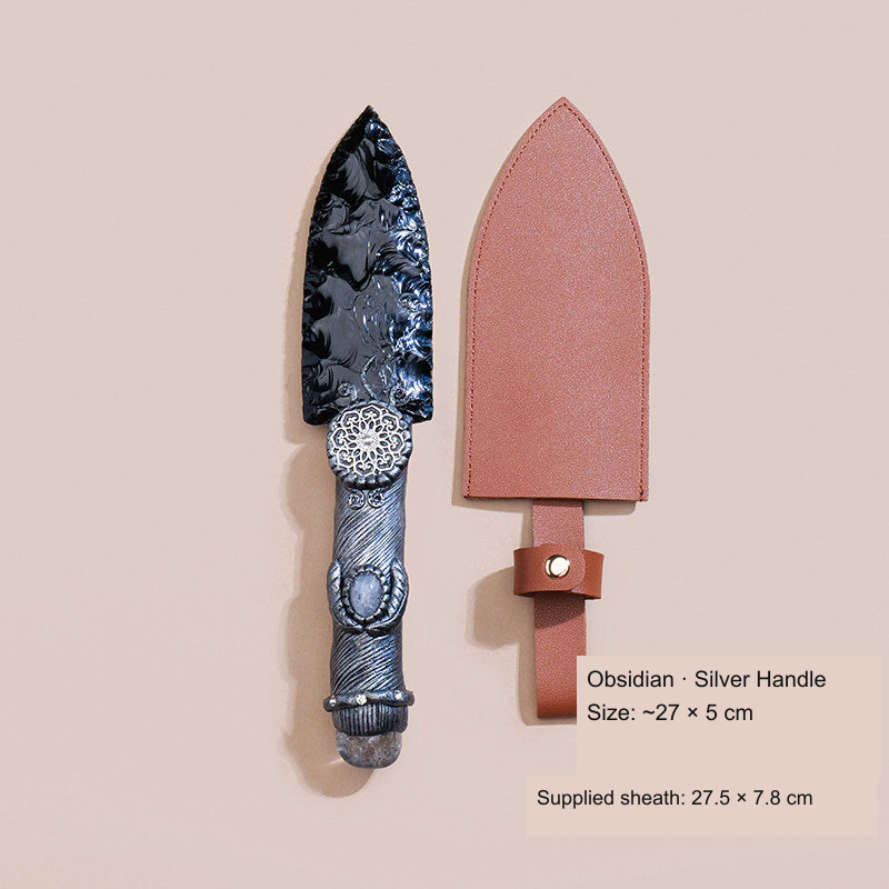 Original photographed collectible option 52 — equivalent English caption: Obsidian · Silver Handle; Size: ~27 × 5 cm; Supplied sheath: 27.5 × 7.8 cm