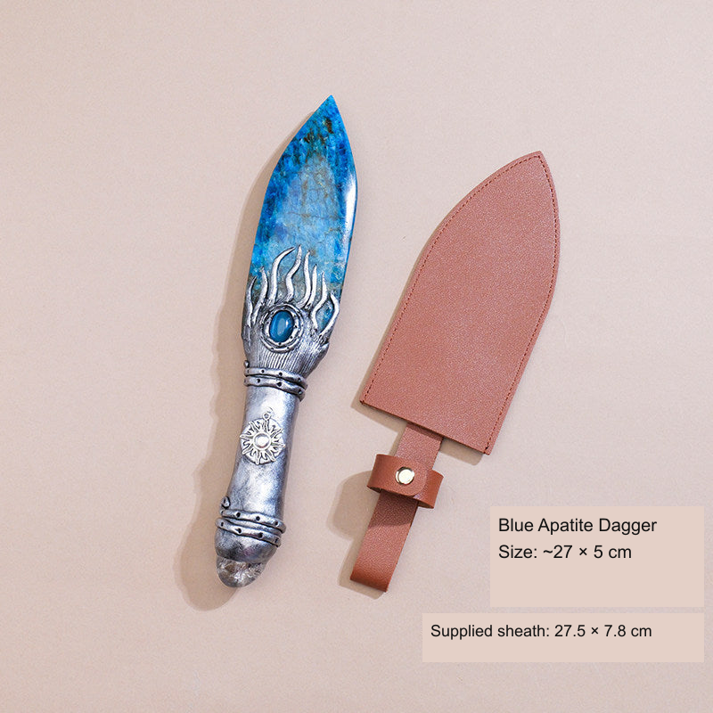 Original photographed collectible option 54 — equivalent English caption: Blue Apatite Dagger; Size: ~27 × 5 cm; Supplied sheath: 27.5 × 7.8 cm