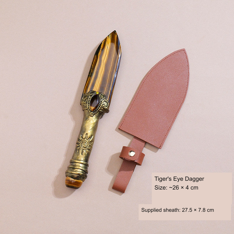 Original photographed collectible option 55 — equivalent English caption: Tiger's Eye Dagger; Size: ~26 × 4 cm; Supplied sheath: 27.5 × 7.8 cm