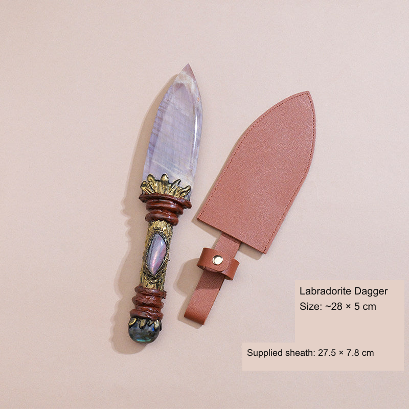 Original photographed collectible option 56 — equivalent English caption: Labradorite Dagger; Size: ~28 × 5 cm; Supplied sheath: 27.5 × 7.8 cm
