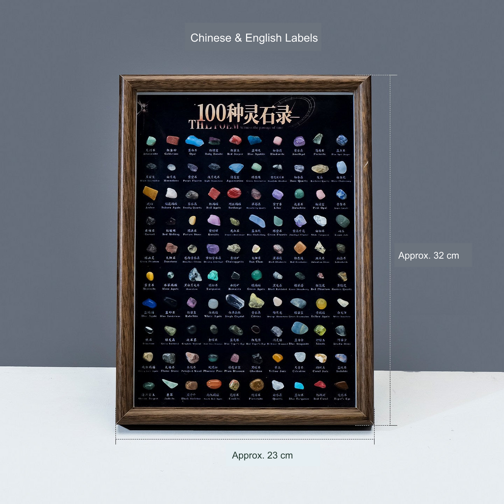 Mineral specimen display frame — original product including its physical printed labels, with English background dimensions