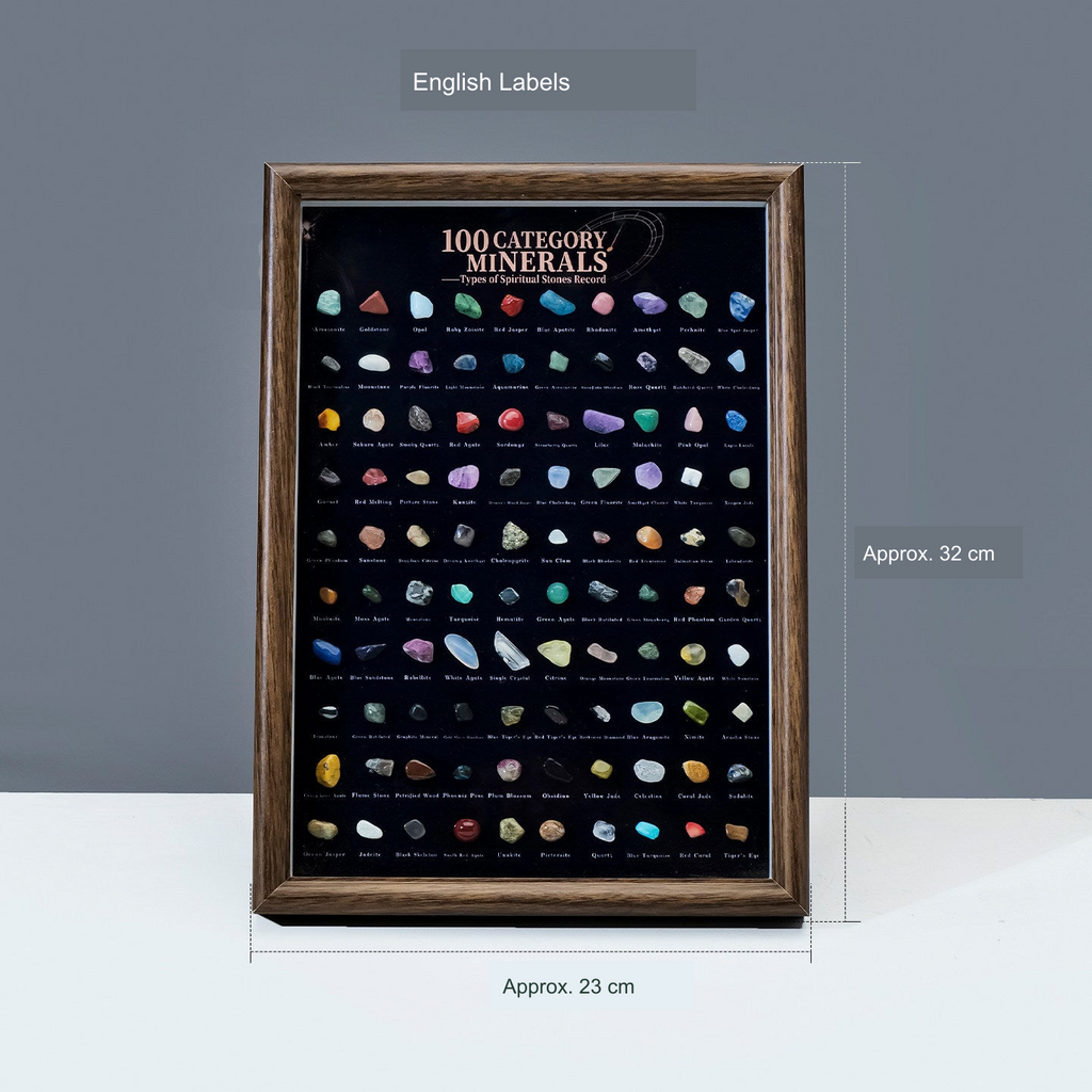 Mineral specimen display frame — original product including its physical printed labels, with English background dimensions