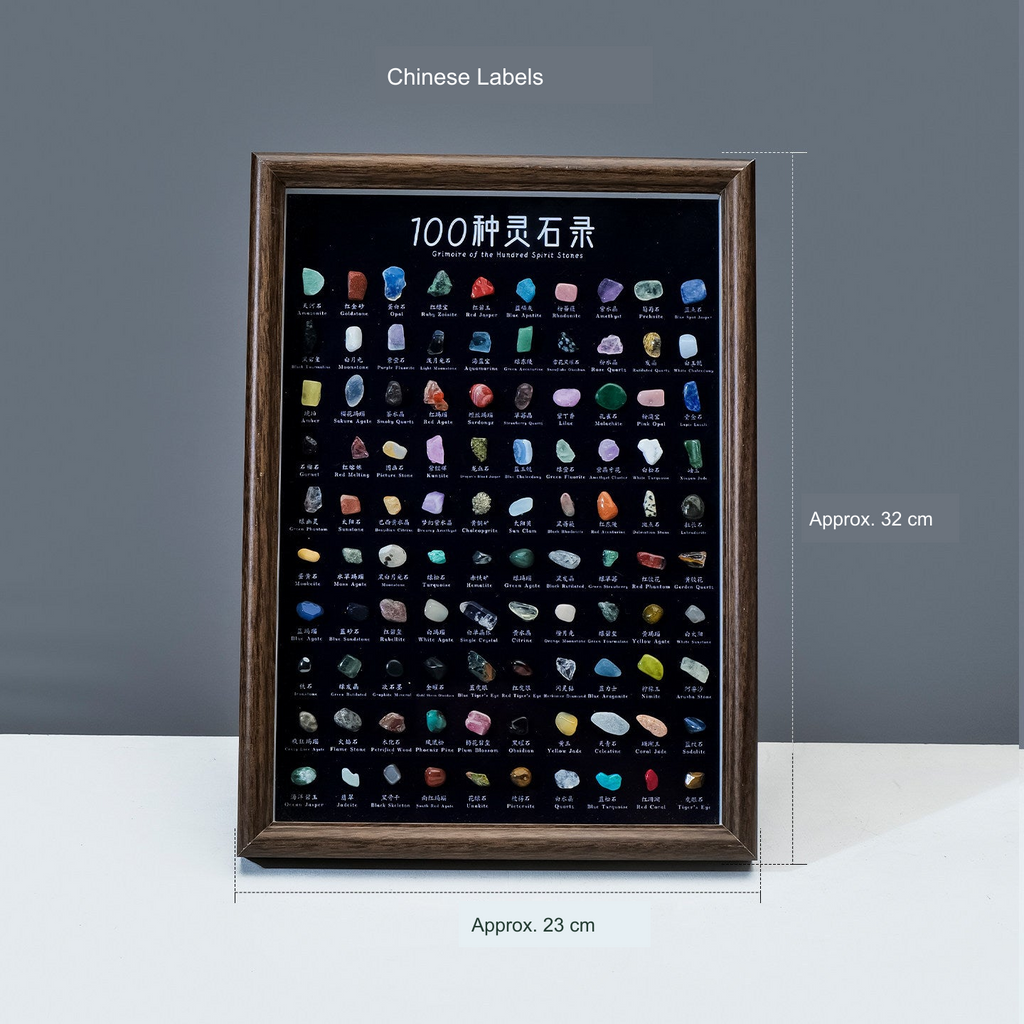 Mineral specimen display frame — original product including its physical printed labels, with English background dimensions