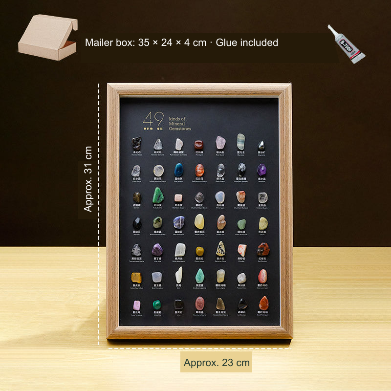 49 mineral display frame, unchanged physical frame, mailer box and glue pictured; English background references