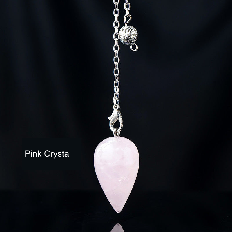 Pink Crystal teardrop pendulum with English material label, original product photograph