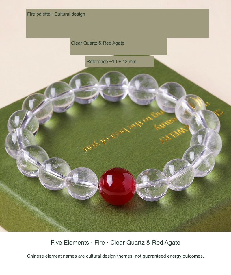 Original actual Five Elements · Fire Palette · Clear Quartz & Red Agate design reference, English material labels follow SKU; source-label discrepancies disclosed