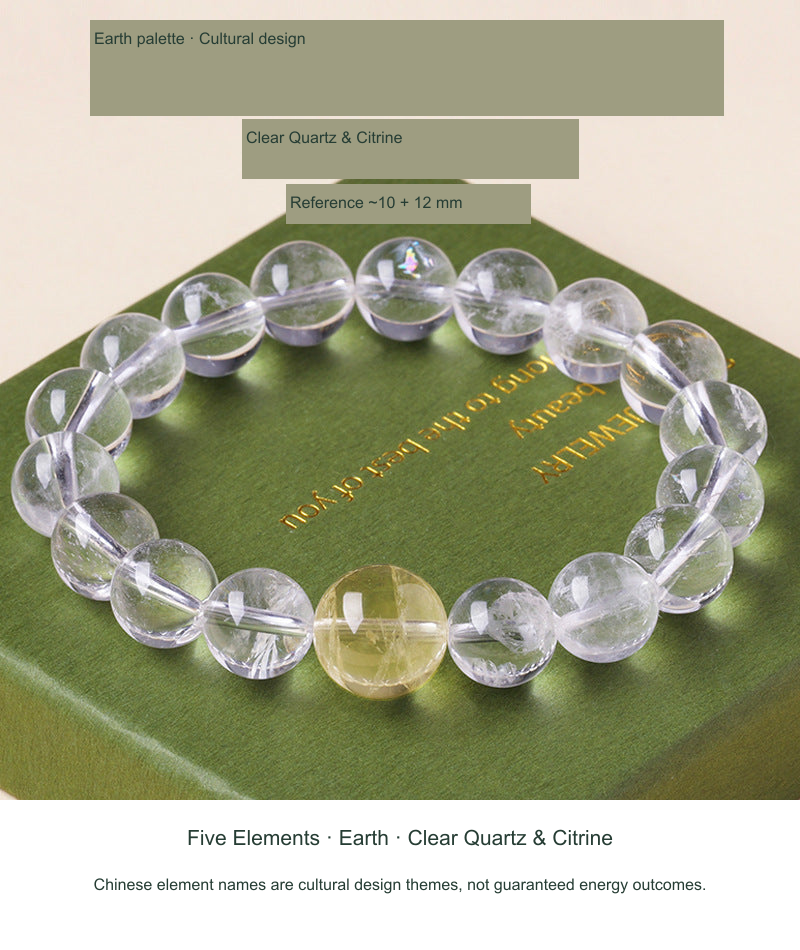 Original actual Five Elements · Earth Palette · Clear Quartz & Citrine design reference, English material labels follow SKU; source-label discrepancies disclosed