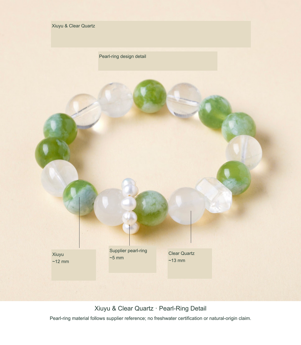 Original actual Xiuyu, Clear Quartz & Pearl Ring Detail design reference, English material labels follow SKU; source-label discrepancies disclosed