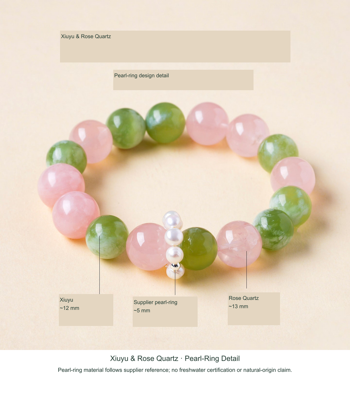 Original actual Xiuyu, Rose Quartz & Pearl Ring Detail design reference, English material labels follow SKU; source-label discrepancies disclosed